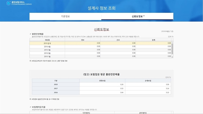 'e-클린보험서비스'의 보험설계사 정보 조회 화면 예시. 생명보험협회 제공