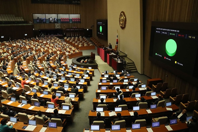 문희상 국회의장이 2일 국회 본회의장에서 열린 제370회국회(임시회) 제1차 본회의에서 일본 정부의 보복적 수출규제 조치 철회 촉구 결의안에 대한 수정안을 통과시키고 있다. 이날 일본 정부의 보복적 수출규제 조치 철회 촉구 결의안에 대한 수정안은 재적 297인, 재석 228인, 찬성 228인, 반대 0인으로 통과되고 있다. 뉴스1