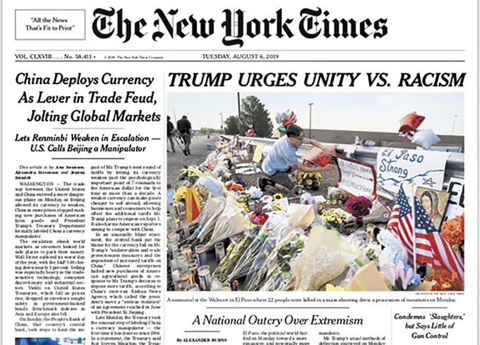 6일자 미국 뉴욕타임스(NYT) 초판 1면으로, '트럼프, 인종차별에 맞서 단합을 촉구(TRUMP URGES UNITY VS. RACISM)'가 머리기사(headline)를 장식하고 있다. 연합뉴스