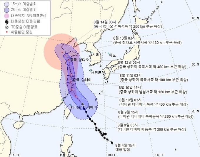 기상청이 9일 오전 4시 발표한 제9호 태풍 ‘레끼마’의 이동 경로. 기상청 제공