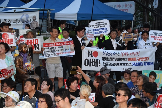 아베규탄 시민행동 4차 촛불문화제가 10일 밤 서울 일본대사관 앞에서 열린 가운데 시민들이 촛불을 켜들고 아베규탄을 하고 있다. 오대근기자