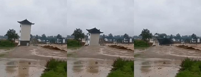 제9호 태풍 레끼마로 불어난 강물에 건물이 무너져 내리고 있다. 유튜브 캡처