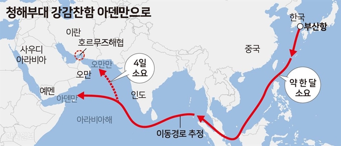 청해부대 감감찬함 아덴만으로. 그래픽=송정근 기자