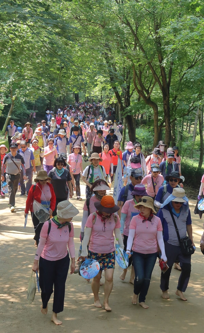 전국 각지에서 온 맨발 동호인들이 17일 경북 문경새재 교귀정 앞 숲길을 걷고 있다. 정광진기자 kjcheong@hankookilbo.com