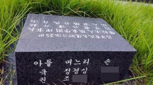 김진태 자유한국당 의원이 20일 공개한 조국 법무부 장관 후보자 부친의 묘비 사진. 조 후보자의 부친은 2013년 7월 작고해 부산 강서구 소재 문중 묘지에 묻혔으나, 이에 4년 앞선 2009년 조 후보자 동생과 이혼했다고 주장한 조모 씨의 이름이 비석에 며느리로 적혀 있다. 김진태 의원실 제공