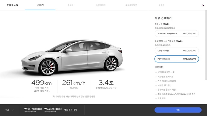 테슬라코리아는 24일 자정부터 모델3 국내 판매 가격을 전 트림 일괄적으로 130만원씩 인상했다. 테스라코리아 모델3 구매 페이지. 테슬라코리아 제공