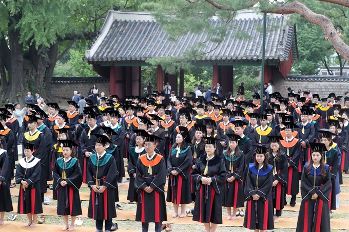 26일 서울 종로구 성균관대학교 대성전에서 졸업생들이 학위수여식에 앞서 졸업 고유례에 참석해 있다. 연합뉴스,