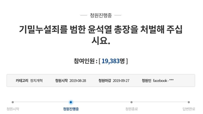 청와대 국민청원 게시판에 윤석열 검찰총장을 기밀누설죄로 처벌해달라는 청원 글이 지난 28일 올라왔다. 청와대 국민청원 캡처