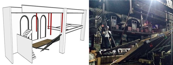 광주 C클럽 붕괴 사고 현장(오른쪽)과 무너진 복층 구조물을 3차원 그림으로 재현 한 모습. 광주클럽안전사고수사본부 제공.