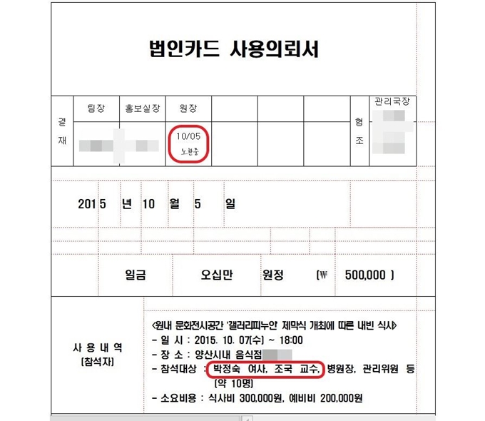 노환중 부산의료원장이 2015년 10월 5일 양산부산대병원장일 때 조국 법무부 장관 후보자와 모친 박정숙 전 웅동학원 이사장과 만찬을 갖기 위해 제출된 법인카드 사용 의뢰서에 결재 서명을 한 문서. 곽상도 자유한국당 의원실 제공