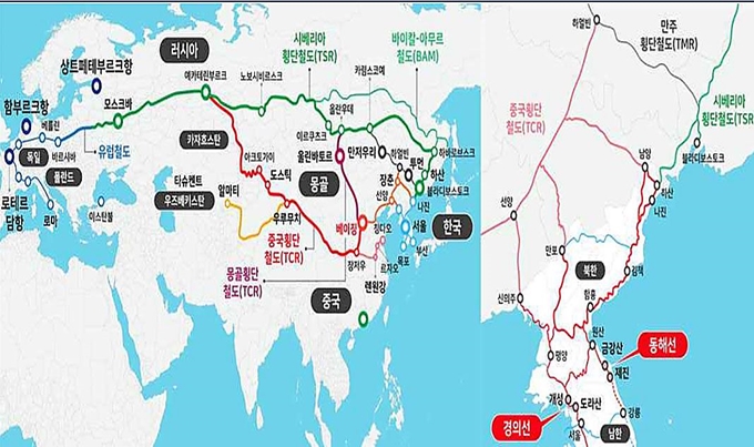 우리나라와 유라시아 복합물류 연계 노선도. 한국해양수산개발원 제공