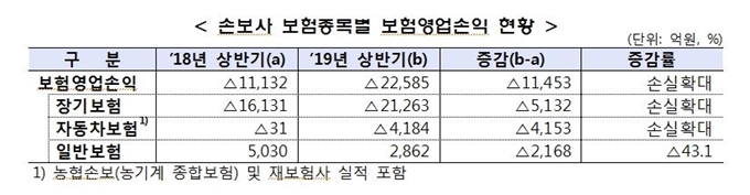 2019년 상반기 국내 손해보험사의 보험 종목별 영업손익 현황. 금융감독원 제공