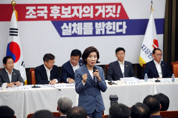 자유한국당 나경원 원내대표가 3일 여의도 국회에서 열린 '조국 후보자의 거짓과 선동, 대국민 고발 언론 간담회'에서 취재진 질문에 답하고 있다. 연합뉴스.