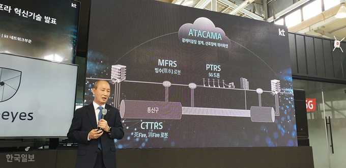 오성목 KT 네트워크부문장이 4일 대전 유성구 대덕연구단지 KT OSP이노베이션센터에서 다양한 인프라 관리 기술을 설명하고 있다. 곽주현 기자