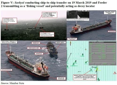 북한이 가상화폐에 초점을 맞춰 사이버 해킹 능력을 강화하고 있는 것으로 분석됐다. 또 불법적인 선박 대 선박 해상 옮겨 싣기로 유류 수입 제재를 사실상 무력화한 것으로 지적됐다. 전면 금지된 석탄 수출은 활발하게 진행했다. 사진은 중소형 선박인 ‘피더선’ 2척을 동원한 불법 해상환적 장면. 유엔 대북제재위 보고서 캡처=연합뉴스