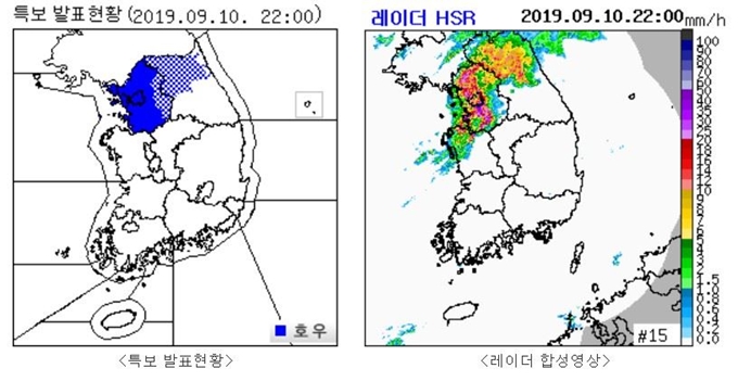 10일 밤10시 현재 호우특보 현황. 왼쪽 그림에서 파란색이 특보가 발효된 지역이며 짙은 파란색은 호우경보 발효 지역이다. 오른쪽 그림을 보면 수도권 전역과 강원 영서 북부에 강수대가 형성돼 있다.