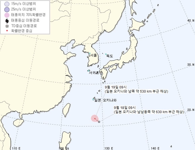 제17호 태풍으로 발달할 것으로 예상되는 열대저압부의 18일 오전 9시 현재 위치 및 19일 예상 위치. 기상청 제공