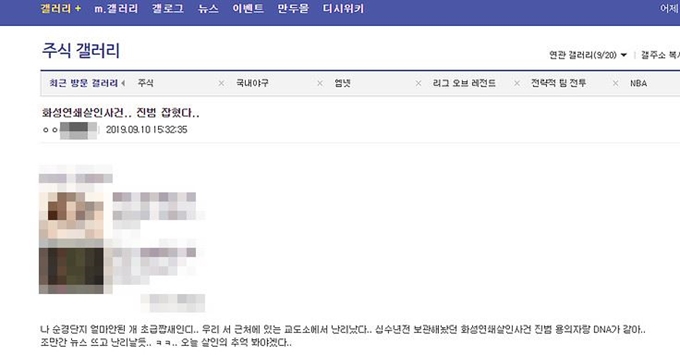지난 10일 온라인 커뮤니티 디시인사이드 주식 갤러리에 '화성연쇄살인사건 진범 잡혔다'는 제목의 글이 올라왔다. 디시인사이드 캡처