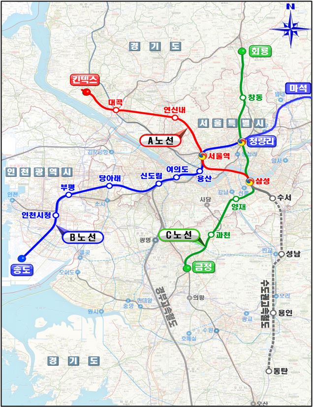 송도에서 서울역을 거쳐 남양주 마석까지 운행하는 GTX 노선도.
