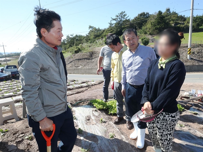 농협중앙회 김병원 회장(왼쪽)이 23일 태풍 ‘타파’로 피해를 본 전남 해남군 화원면의 한 배추농가를 방문한 모습. 연합뉴스