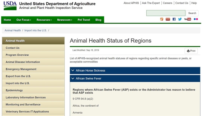 미국 농무부 산하 동식물검역청(APHIS)은 홈페이지를 통해 아프리카돼지열병이 발생하거나 발생했다고 여길만한 이유가 있는 국가 명단을 게재하고 있는데, 여기에는 북한과 함께 우리나라도 포함됐다. 미 동식물검역청 홈페이지 발췌.