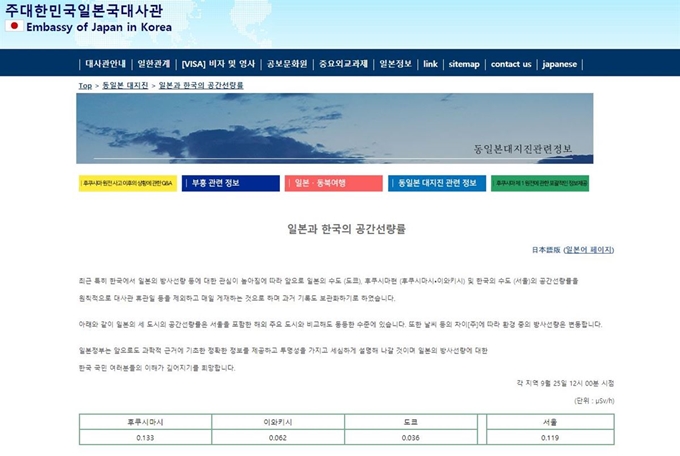 24일부터 주한일본대사관이 홈페이지를 통해 공개하고 있는 한일 4개 도시의 방사선량. 주한일본대사관 홈페이지 캡처