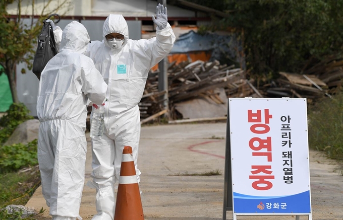 인천 강화군 송해면의 한 양돈농장에서 국내 다섯 번째로 아프리카돼지열병(ASF)이 확진된 25일 해당 농장에서 검사를 마치고 나오는 방역 관계자가 소독을 하고 있다. 이날 강화군 불은면에서도 추가 발병이 확인돼 돼지열병 확진 건수는 6건으로 늘었다. 강화=서재훈 기자