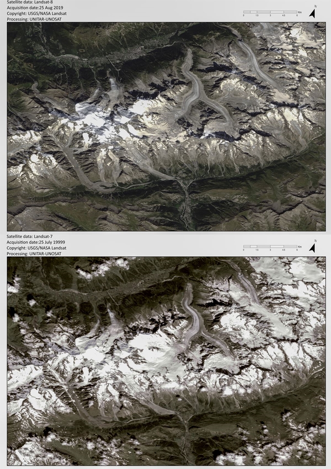 알프스산맥 몽블랑 매시프의 그랑드조라스 산 정상을 덮은 거대 빙하가 빠르게 녹아내리면서 알프스 도시 쿠르마외르 인근 골짜기를 위협하자 당국이 산길을 폐쇄하는 조치를 취한 가운데 사진은 미 지질조사국과 미 항공우주국 나사(NASA)가 유엔 소속 인공위성((UNITAR/UNOSAT)을 통해 촬영한 2019년 8월 25일(사진 위)과 1999년 7월 25일 촬영한 몽블랑 매시프.USGS/NASA,AP 연합뉴스