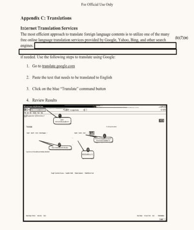 미 탐사보도매체 프로퍼블리카가 공개한 미국 이민국(USCIS) 내부 매뉴얼. 구글 번역기 사용법이 안내되어 있다. 프로퍼블리카 캡처.