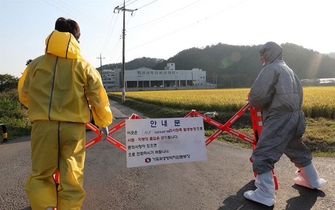 29일 오후 충남 홍성군 광천읍 한 도축장 앞에서 방역당국이 출입을 통제하고 있다. 충남 홍성의 한 도축장에선 전날 출하된 비육 돼지 88마리 가운데 19마리가 폐사한 것을 이날 오후 8시쯤 도축장 검사관이 발견해 농림축산식품부에 신고했다. 연합뉴스.