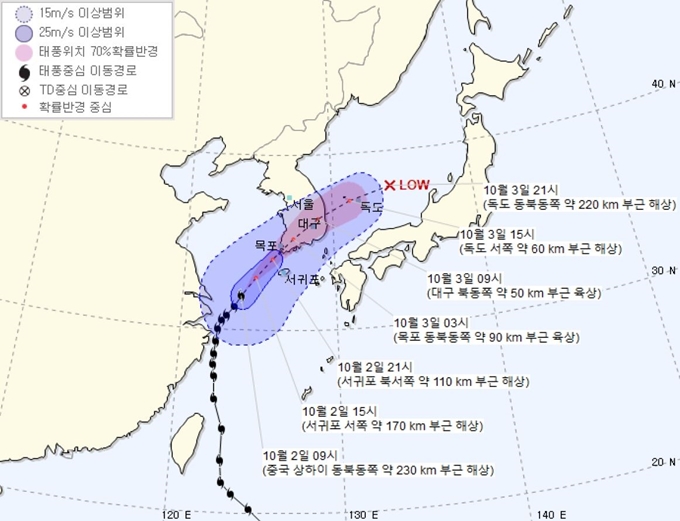 2일 오전 9시 기준 태풍 미탁 예상 이동 경로. 기상청 제공