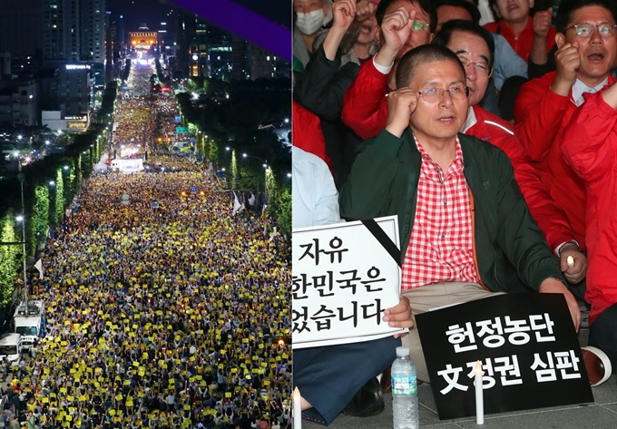 지난달 28일 오후 '검찰개혁-조국수호' 구호와 함께 진행된 서울 서초구 대검찰청 앞 촛불 집회(왼쪽). 오른쪽은 황교안 자유한국당 대표가 전날 동대구역 광장에서 열린 조국 파면 촉구 집회를 찾아 구호를 외치는 모습. 뉴스1ㆍ연합뉴스