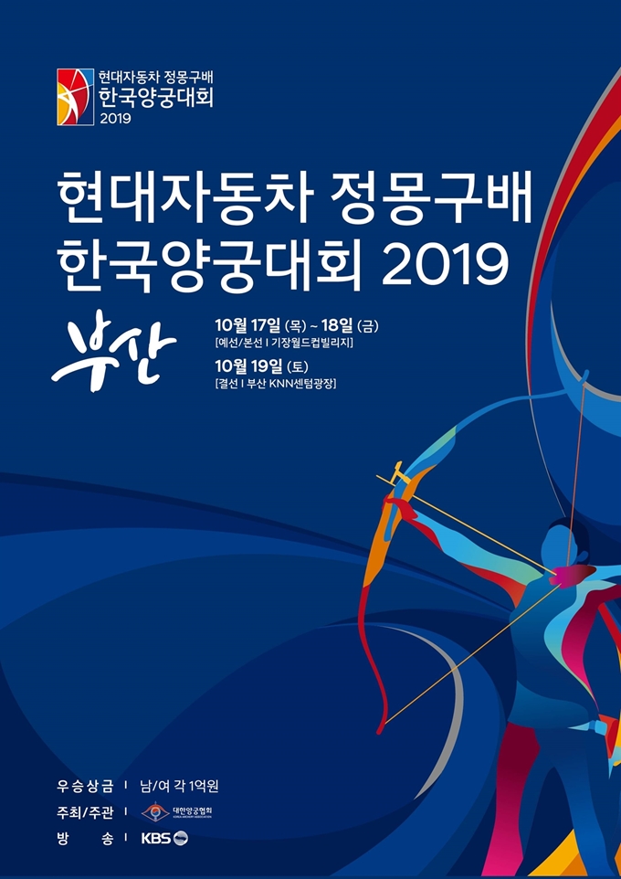 현대차그룹과 대한양궁협회는 오는 10월 ‘현대자동차 정몽구배 한국양궁대회 2019’를 대한양궁협회 주관으로 개최하고, 현대차그룹은 이를 후원한다. ‘현대자동차 정몽구배 한국양궁대회 2019’ 포스터. 현대자동차그룹 제공