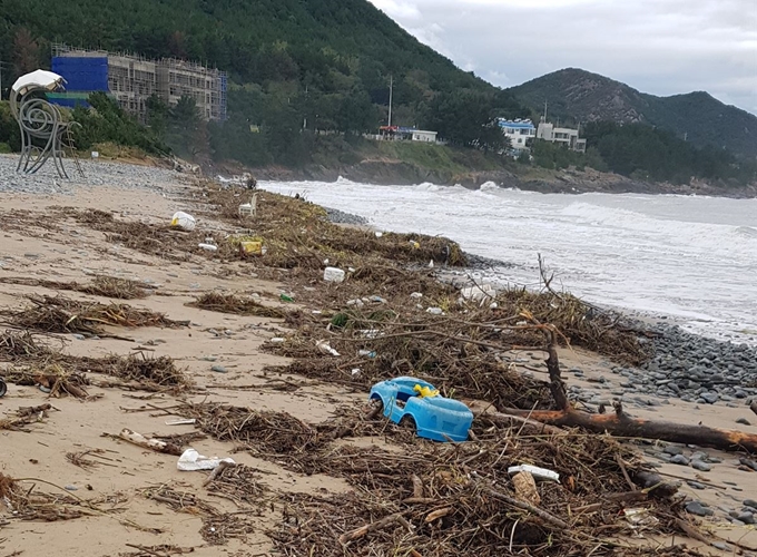 경북 포항시 북구 송라면 화진해수욕장에 태풍 '미탁'으로 육지와 바다에서 떠밀려 온 쓰레기가 가득하다. 경북도 환동해지역본부 제공