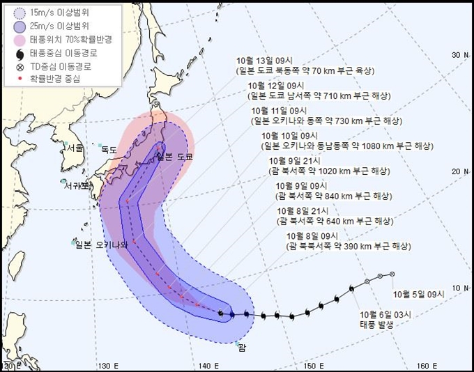 제19호 태풍 ‘하기비스’ 예상 진로(8일 오전 10시 기준). 기상청