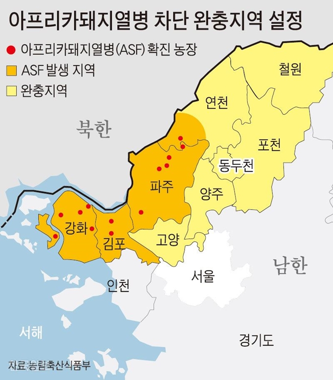 아프리카돼지열병 차단 완충지역 설정. 그래픽=강준구 기자