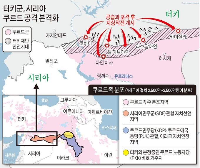 터키군, 시리아 쿠르드 공격 본격화. 그래픽=강준구 기자