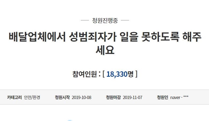 지난 8일 두 아이 엄마라고 자신을 밝힌 청원인이 청와대 국민청원 게시판에 ‘배달업체에서 성범죄자가 일을 못하도록 해주세요’라는 제목의 글을 올렸다. 청와대 홈페이지 국민청원게시판 캡처