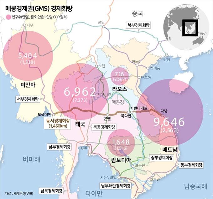 메콩경제권(GMS) 경제회랑. 그래픽=송정근 기자