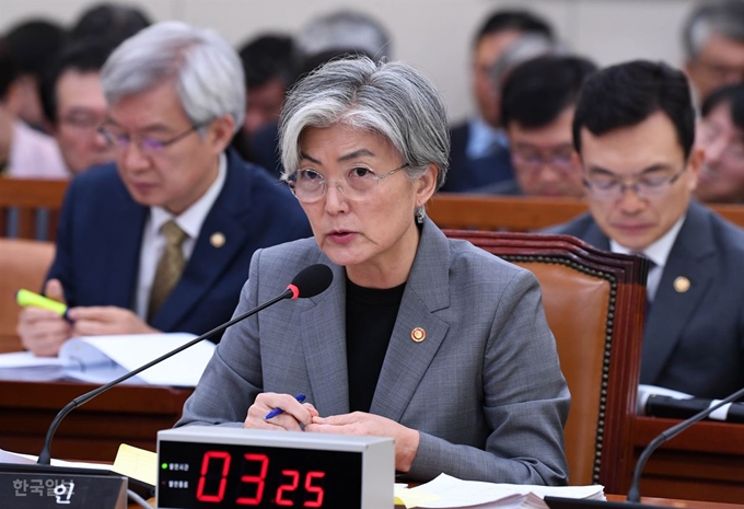 [저작권 한국일보] 감21일 여의도 국회에서 열린 외교통일위원회 종합국정감사에 강경화 외교부 장관이 답변을 하고 있다. 홍인기 기자