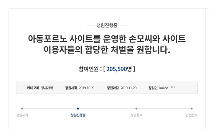 ‘아동포르노 사이트를 운영한 손모씨와 이용자들의 합당한 처벌을 원합니다’ 국민청원 캡처