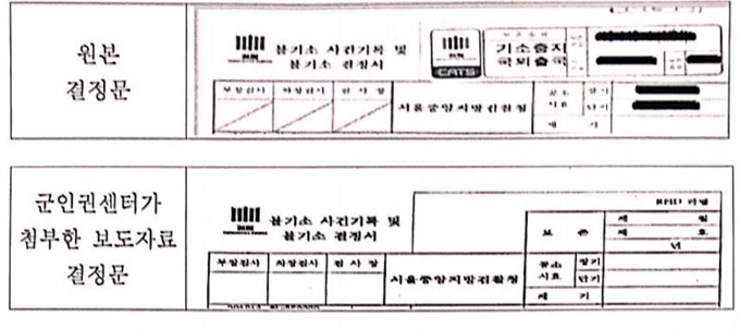 서울중앙지검은 24일 보도자료를 통해 군인권센터가 이날 오전 공개한 '불기소 결정서'에는 원문과 달리 결재란에 사선이 없다며 이를 일부러 지운 게 아니냐는 의혹을 제기했다. 서울중앙지검 제공.