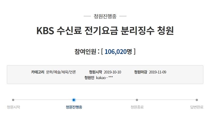 10일 청와대 국민청원 홈페이지에는 KBS와 검찰의 유착 의혹을 문제 삼아 KBS수신료 전기요금 분리징수를 요청하는 청원글이 올라왔다. 청와대 국민청원 홈페이지 캡처