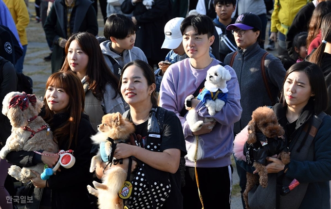 26일 남산 백범광장에서 열린 제486회 한국일보 거북이마라톤 '반려견과 함께하는 남산 걷기대회'에서 참가자들이 인사말을 듣고 있다. 고영권 기자