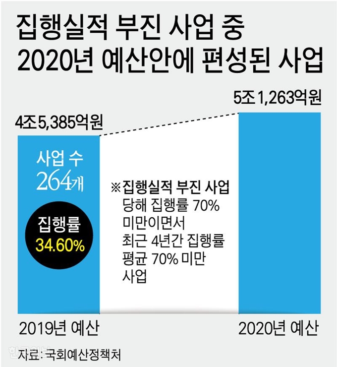 집행실적 부진 사업 중 2020년 예산안에 편성된 사업. 그래픽=강준구 기자