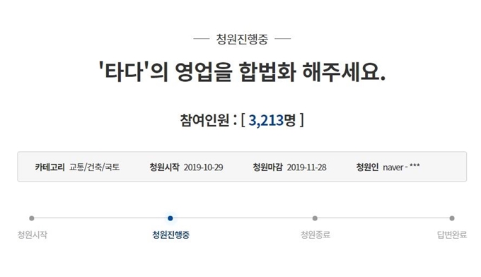 29일 청와대 국민청원 게시판에 올라온 타다 합법화 요구 청원. 30일 기준 3,200여명이 동의했다. 청와대 국민청원 홈페이지 캡처