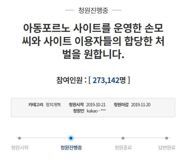 다크웹에서 아동 포르노 사이트 '웰컴투비디오'를 운영한 손씨 등에게 엄벌을 요구하는 청와대 국민청원.