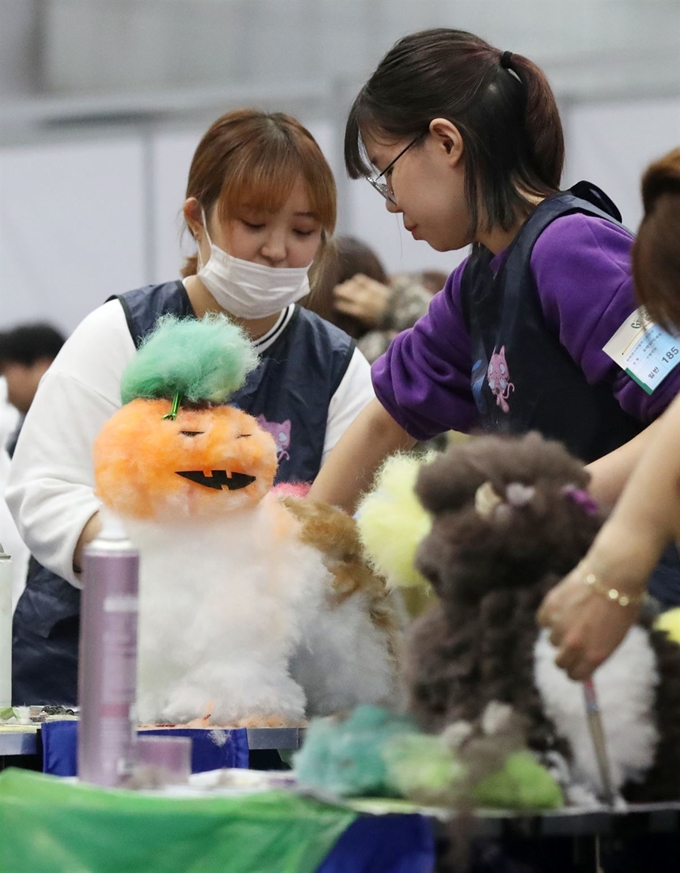 30일 경기 고양 킨텍스에서 열린 '2019 소상공인 기능경진대회' 애견 미용 경연 부문에서 참가자들이 기량을 펼치고 있다. 이번 행사는 소상공인의 사기 진작과 기능연마를 위해 마련됐다. 뉴스1