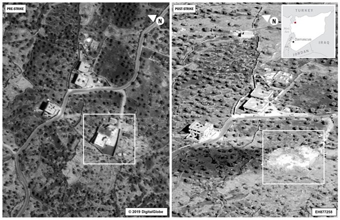 미국 국방부가 지난달 30일 공개한 이슬람국(IS) 수괴 아부 바크르 알바그다디 제거 작전 영상. 26일 미군 공습으로 시리아 이들립 바그다디 은신처(왼쪽)가 흔적도 없이 사라졌다. 로이터 연합뉴스