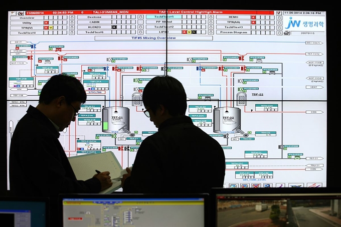 충남 당진에 있는 JW생명과학의 수액 생산공장 내 중앙통제실. 수액 공정 흐름도 앞에서 직원들이 업무를 상의하고 있다. JW중외제약 제공
